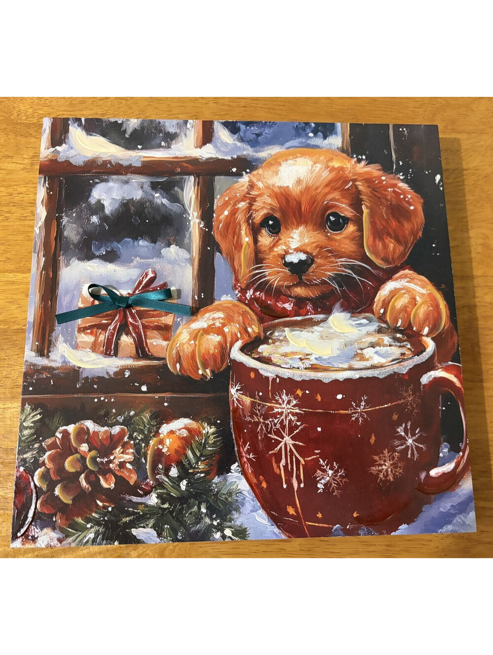 Christmas Puppy Hot Chocolate Sign Cocoa Snowy WIndow Plaque Lodge Cabin Kitchen